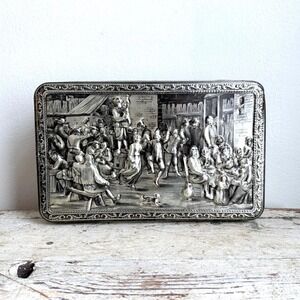 Vintage Teniers 3D Embossed Belgium Tin – 1950s Silvertone Hinged Cookie Box‎